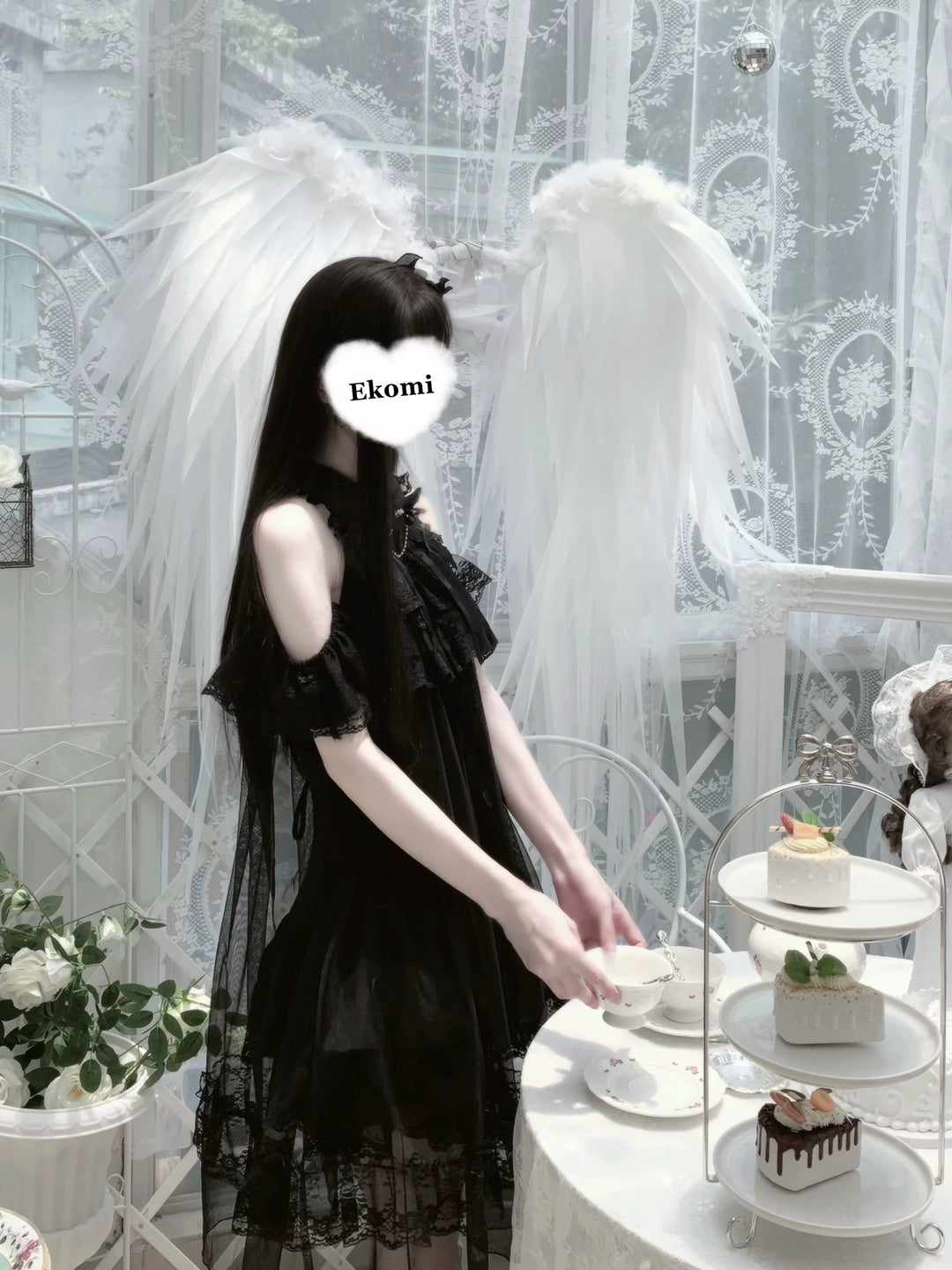 Seiso Kei Open Shoulder Dress, Black Tulle Overlay 45555:854189