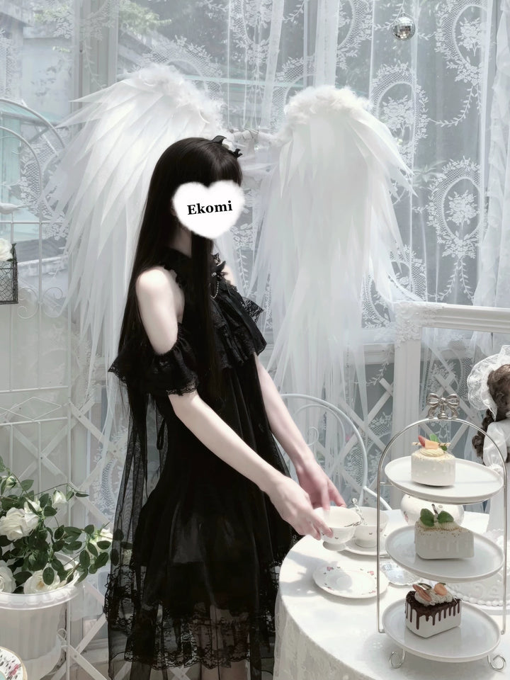 Seiso Kei Open Shoulder Dress, Black Tulle Overlay 45555:854189
