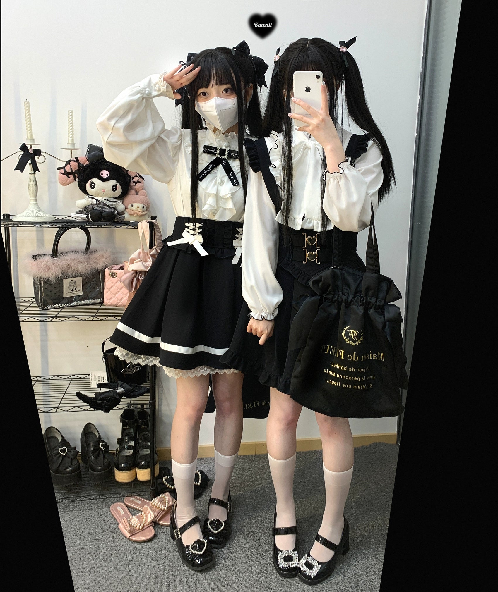 Jirai Kei White Black Blouse Lace Standing Collar Long Sleeved Shirt 31852:372700