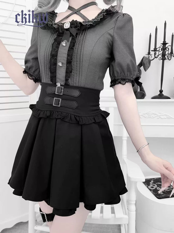 Lace Square Neck Jirai Kei Blouse, Detachable Rhinestone Bow (L M S) 43611:780665