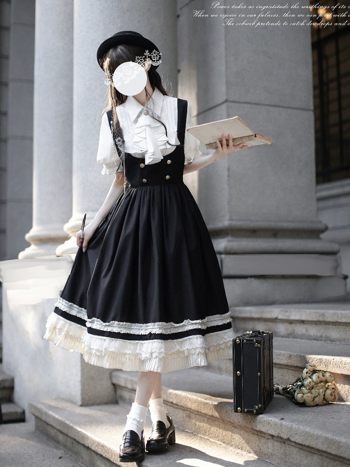 Black Preppy Style Jumper Dress, White Blouse 43508:778717