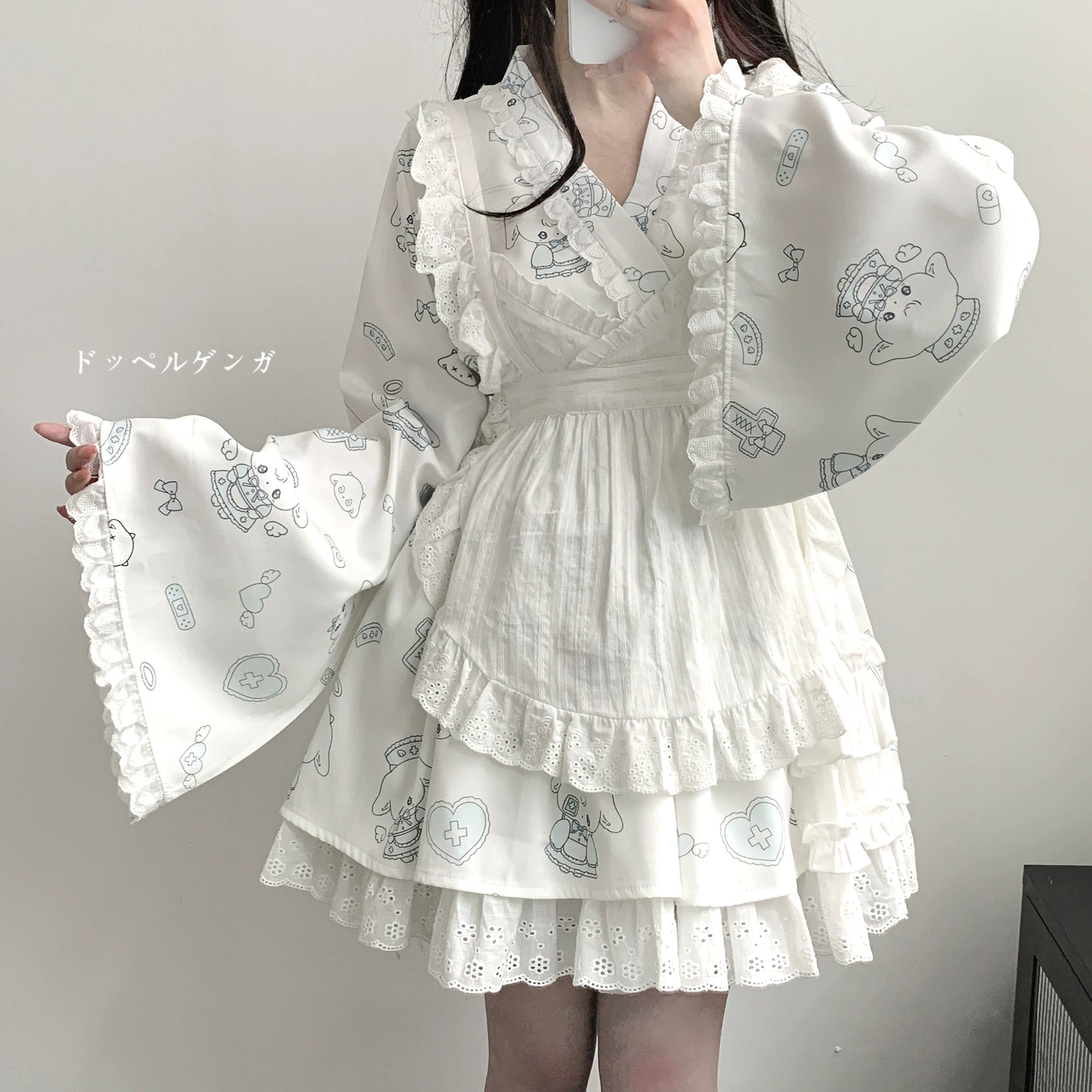 Tenshi Kaiwai Patchwork Skirt Kimono Top White Apron Three-Piece Set 36786:536682