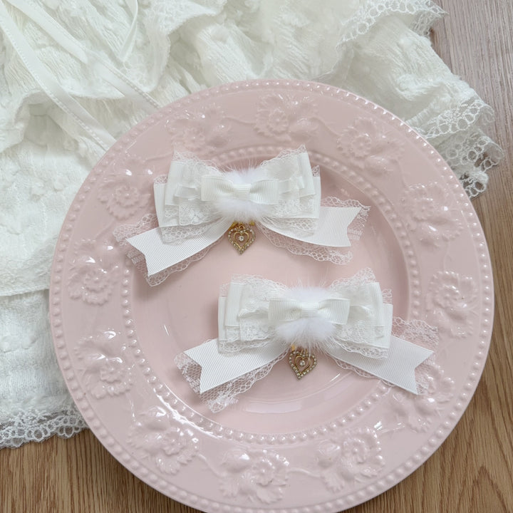 Jirai Kei Layered Bow Hair Clip, Soft Pom-pom 45566:855080
