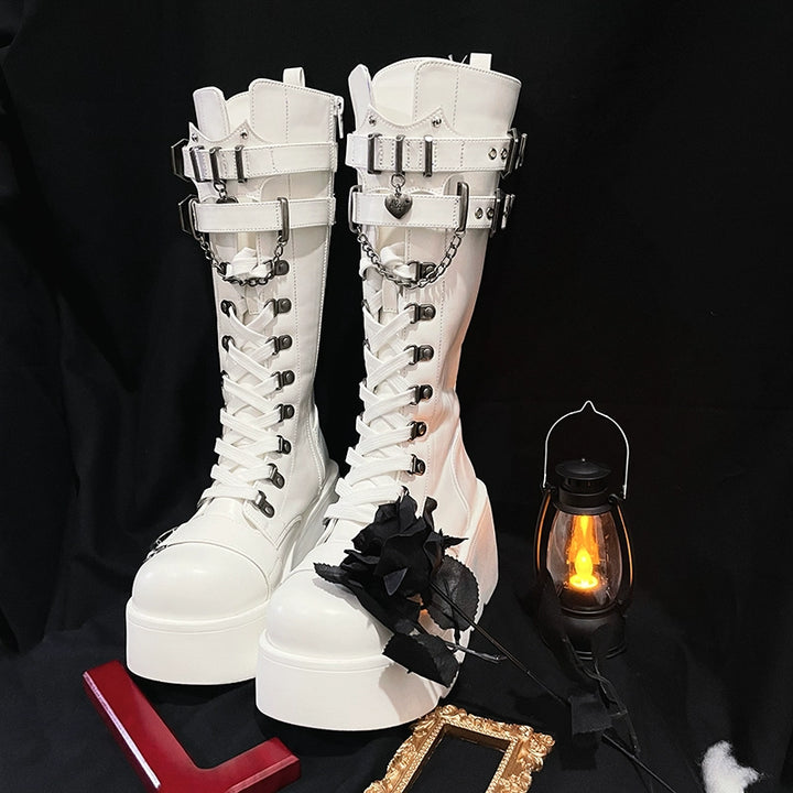 Gothic White Black Platform Boots High-Top Knight Boots 29702:369220