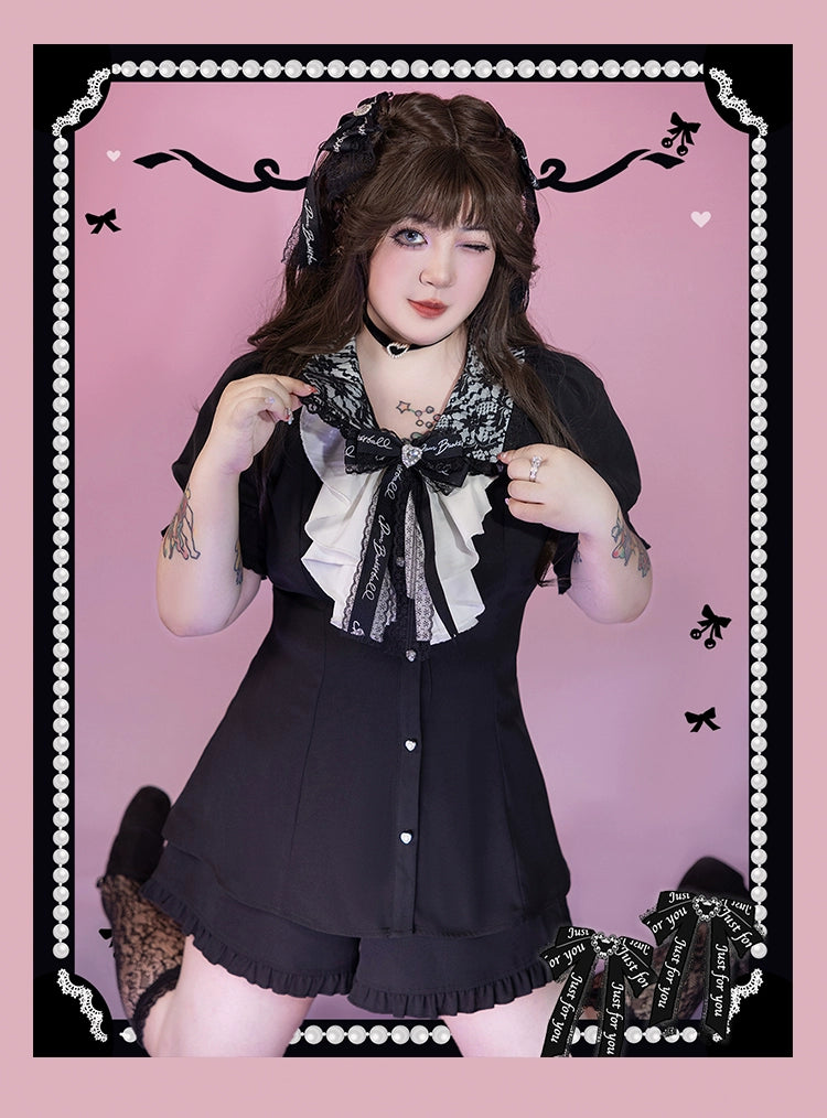 Plus Size Jirai Kei Blouse Short Sets Pink Black Full Set 21886:317320