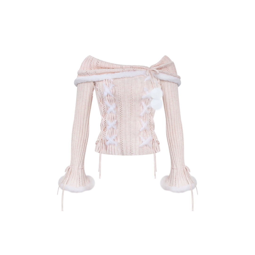 Pink Long Hooded Coat, Off Shoulder Sweater Outfit (M S XS) 44081:794981