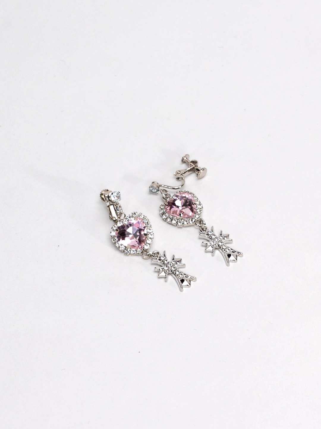 Jirai Kei Heart-Shaped Rhinestone Cross Earrings 21626:310020 21626:310020