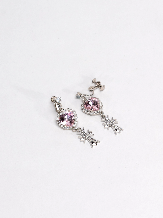 Jirai Kei Heart-Shaped Rhinestone Cross Earrings 21626:310020
