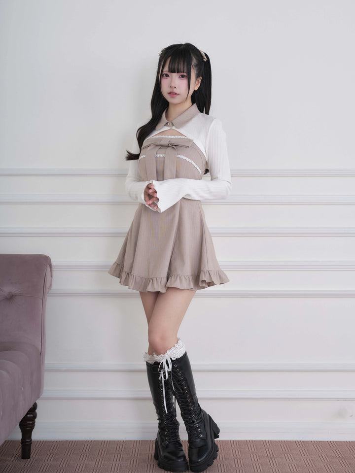 Ryousangata Dress & Knit Bolero Set, Plaid/Striped Pattern 46030:873164