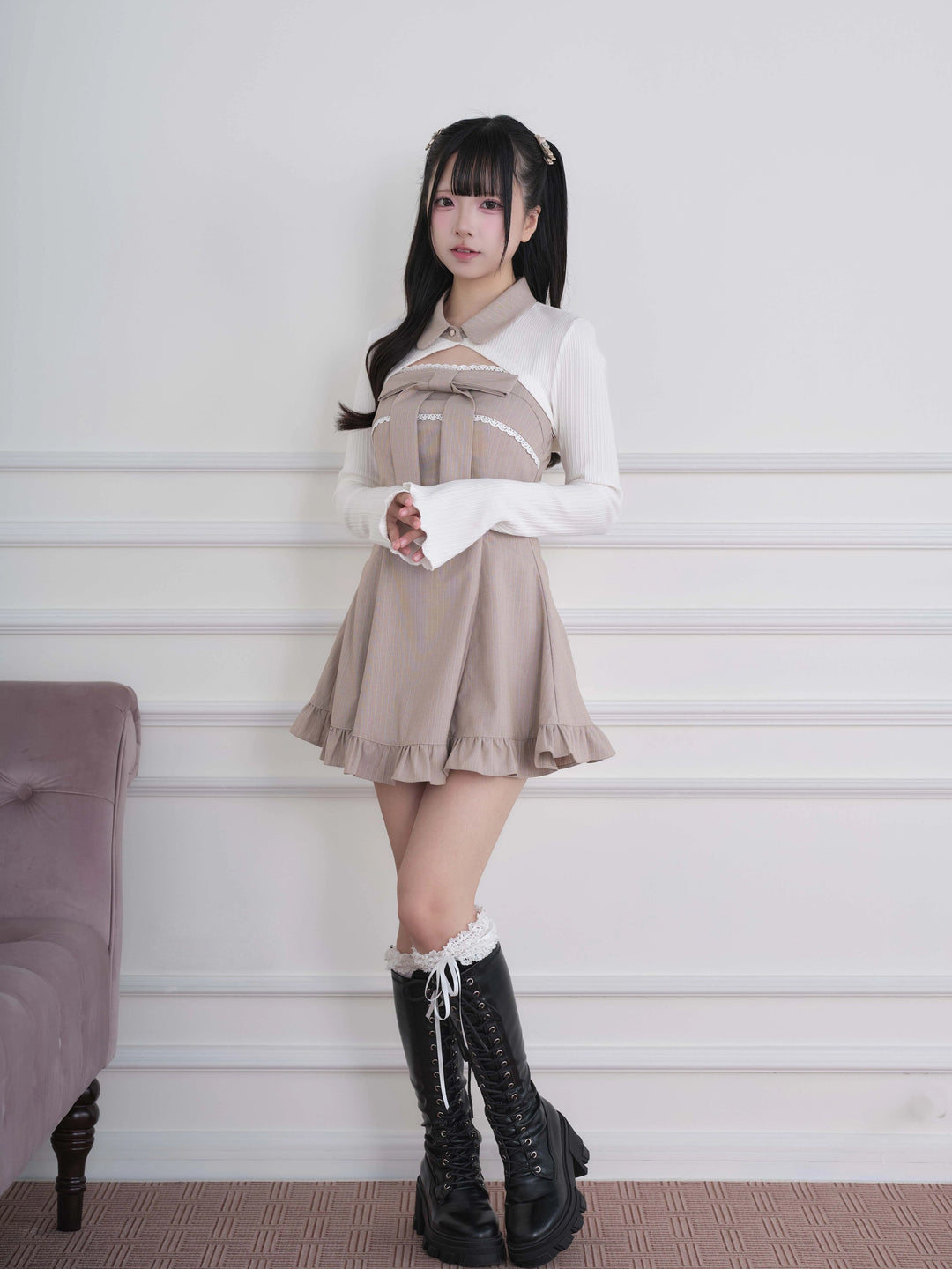 Ryousangata Dress & Knit Bolero Set, Plaid/Striped Pattern 46030:873161