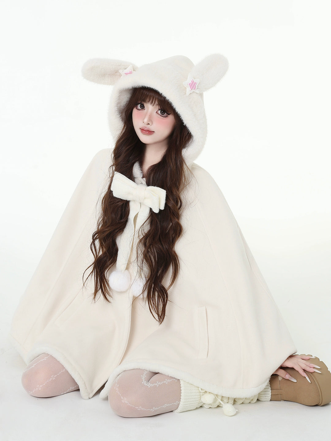 Jirai Kei Winter Coat White Bunny Ear Hooded Cape Coat 41056:684492