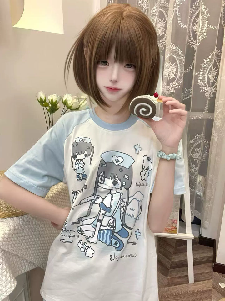 Yami Kawaii Cotton T-Shirt with Angelic Nurse Print 42852:755367