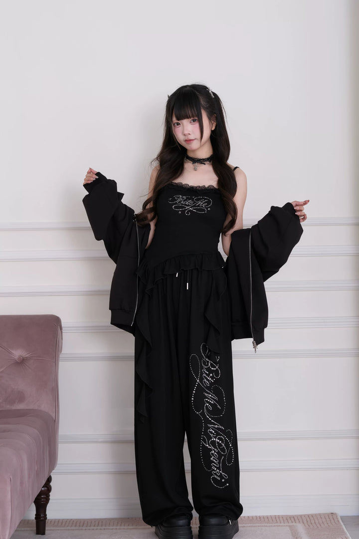Sporty Hoodie Jacket 4-Piece Set, Hot-Fix Rhinestone (Black) 45857:865884