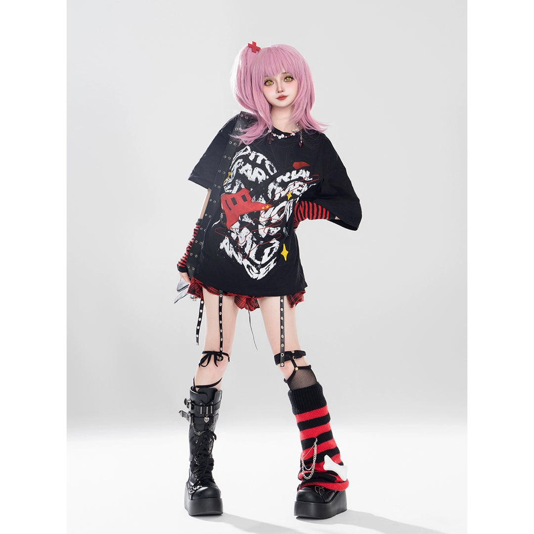 Gyaru T-shirt Red Plaid Skrit Unisex Punk Short-sleeve Top 42020:723520