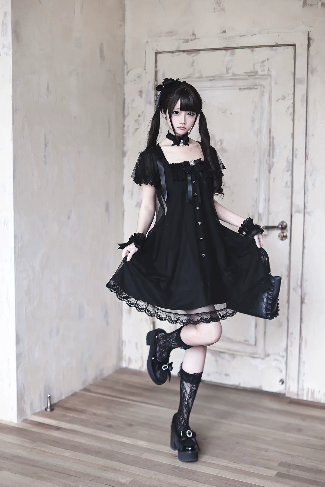 Jirai Kei Tulle Overlay Dress, Square Neckline 45558:855514