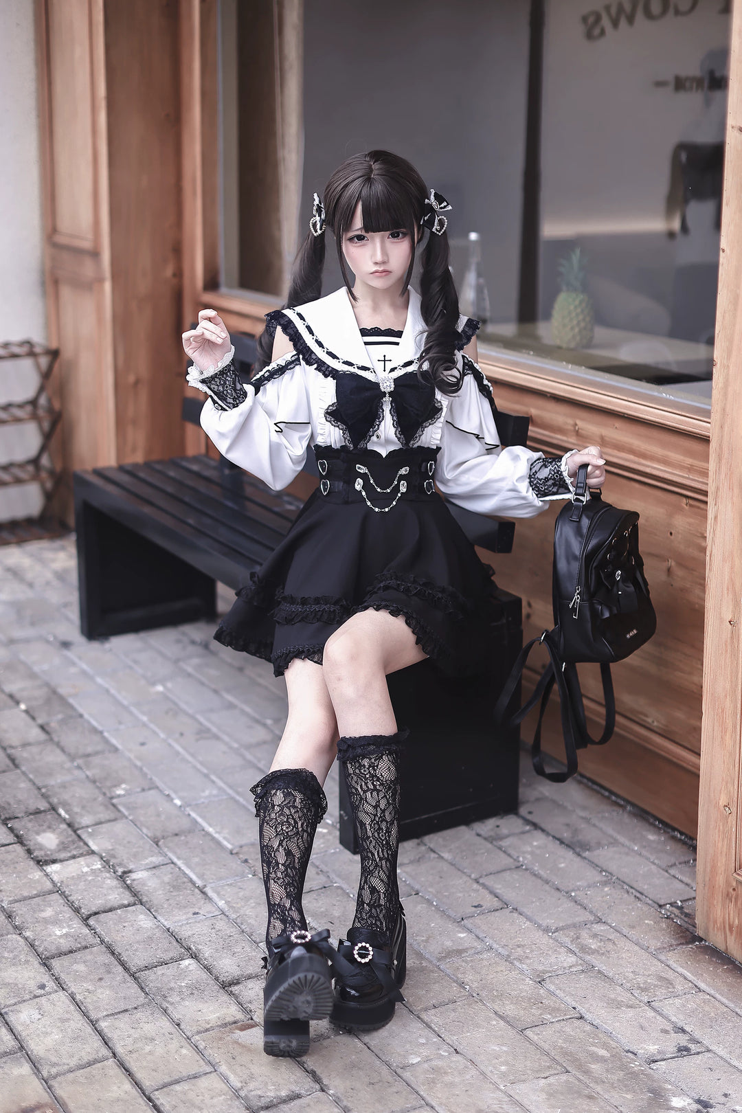 Lace Jirai Kei Sailor Collar Blouse, High Waist Skirt Set 45626:859324
