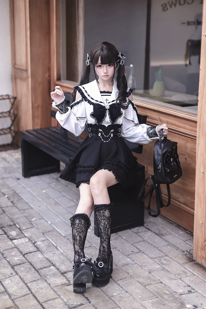 Lace Jirai Kei Sailor Collar Blouse, High Waist Skirt Set 45626:859324