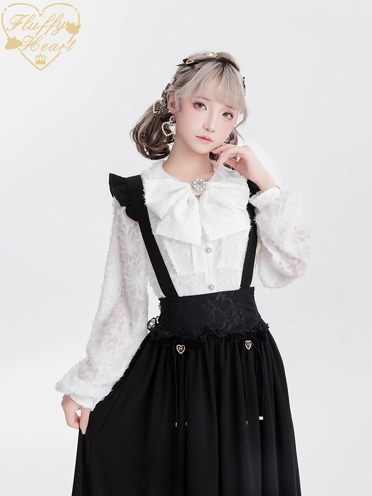 Jirai Kei Blouse White Pink Lace Chiffon Pearl Long Sleeve Shirt 33754:443482