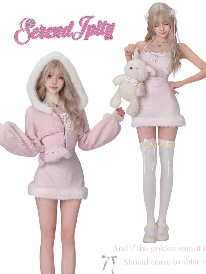 Kawaii Pink Fleece Winter Coat And Strappy Dress 41130:692136