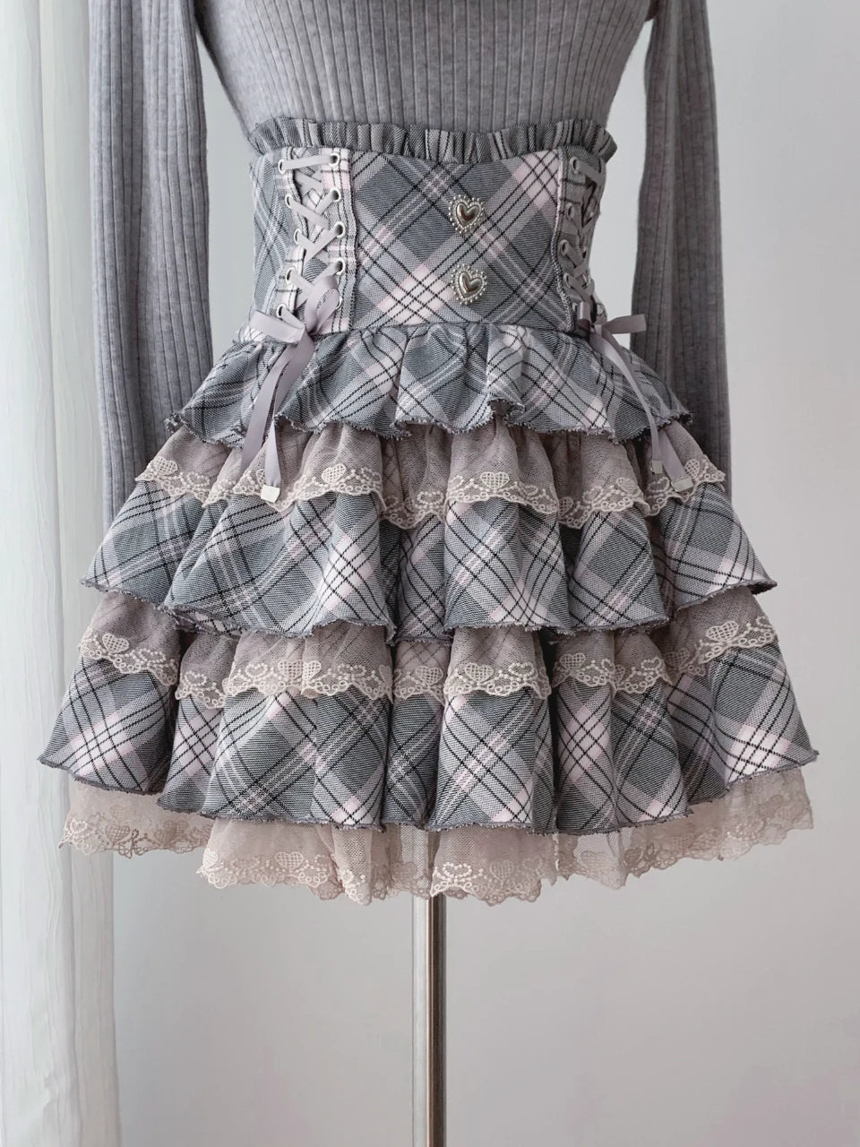 Seiso Kei Grey Pink Knit Sweater & High Waist Skirt Set (L M S) 45990:871772