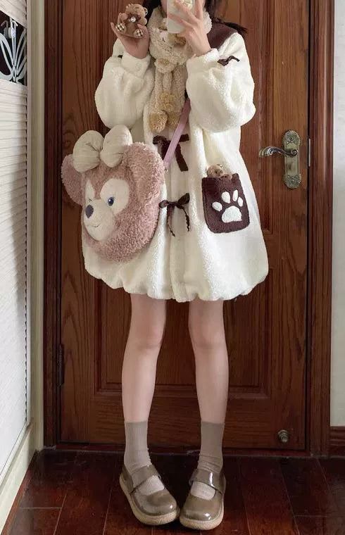 Kawaii White Fleece Coat With Flounce Hem 22774:358064 22774:358064