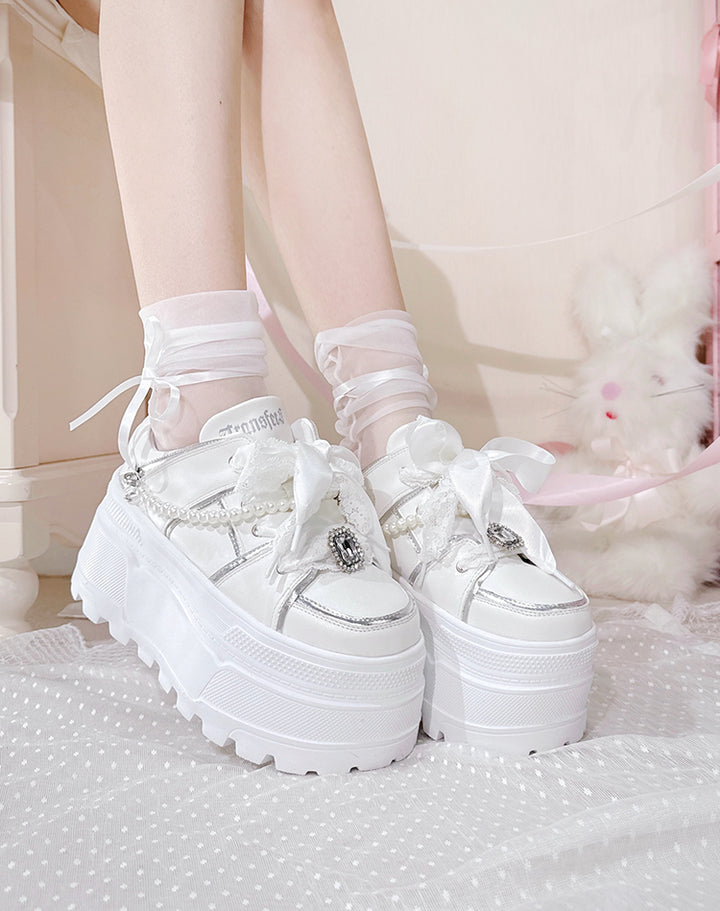 Jirai Kei Sneakers with Square Rhinestone and Detachable Pearl Chain 42360:737199