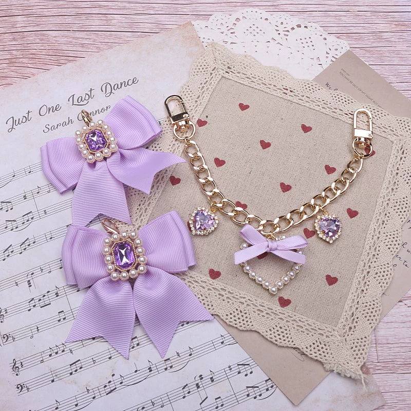 Ryousangata Bag Chain & Bow Charm, Heart-Shaped Rhinestone (Purple) 45075:839460
