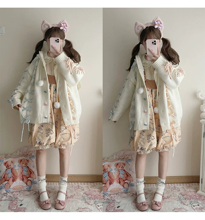 Kawaii White Pink Blue Cardigan Bunny Ears Sweater Coat 22658:345220 22658:345220