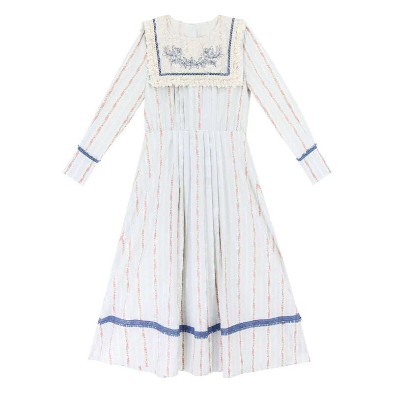 Cottagecore Dress Vintage Floral Striped Dress (L M S / Dress) 36244:534240