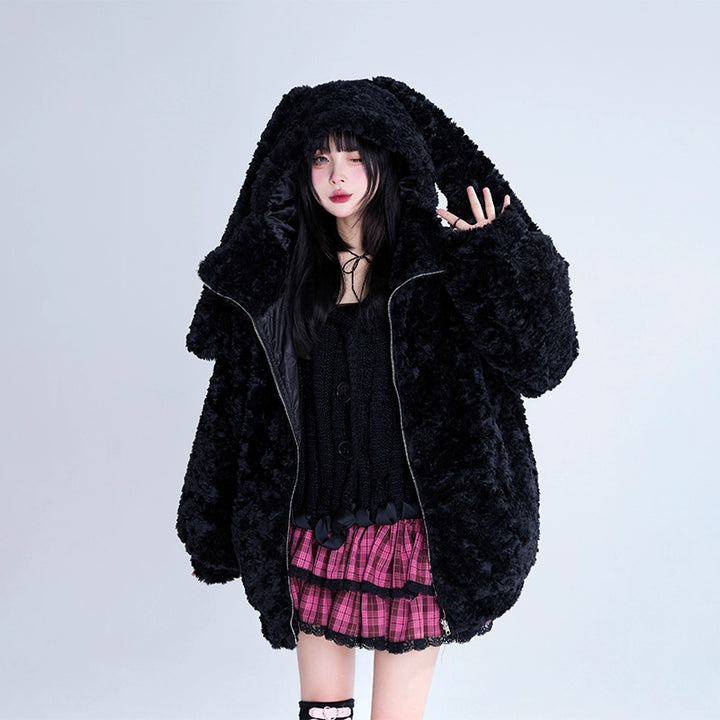 Jirai Kei Coat Black Plush Hooded Winter Coat Bunny Ear Coat 32396:384228