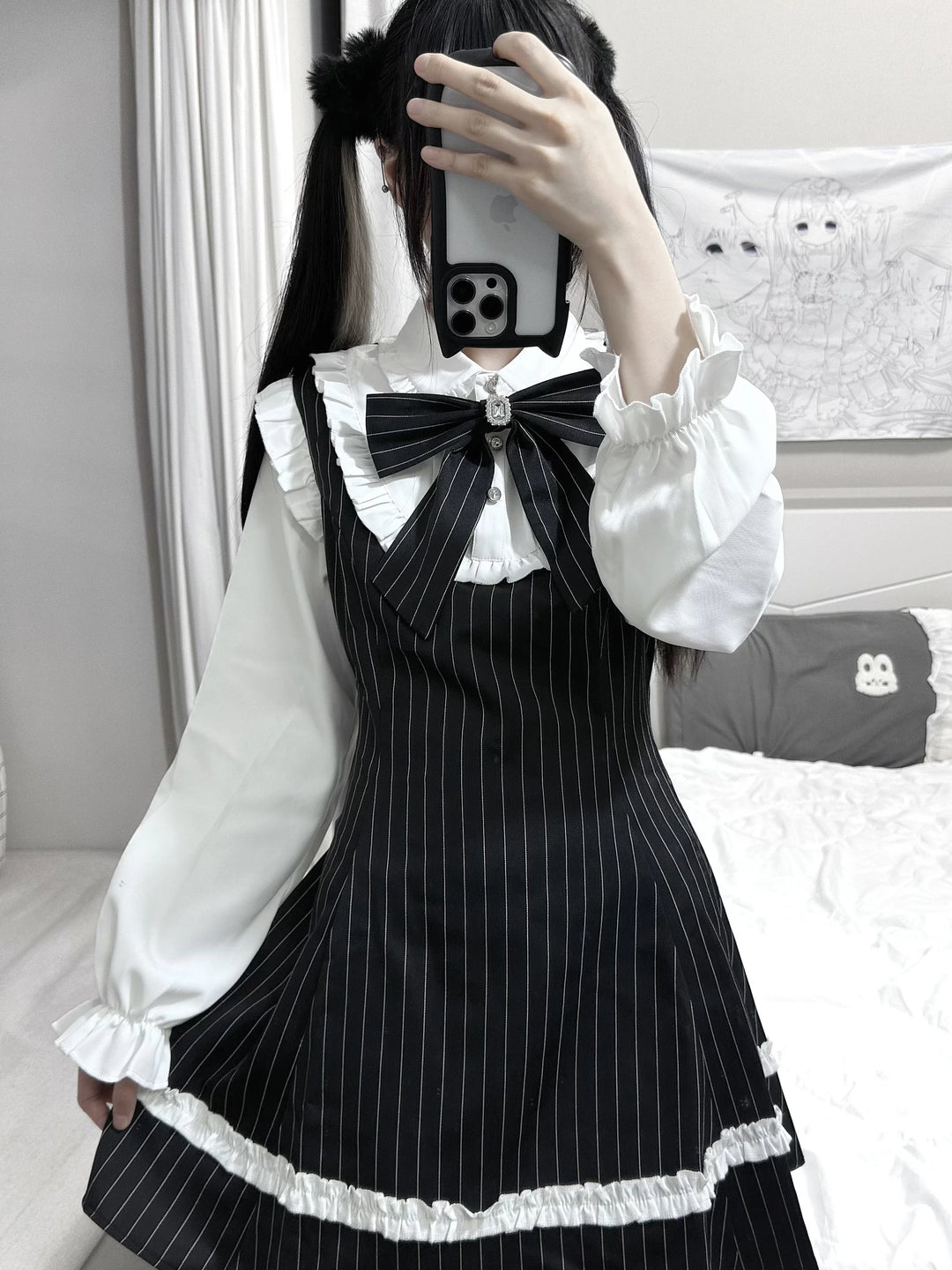 Jirai Kei Striped Long-Sleeve Dress, Detachable Bow 45797:864466