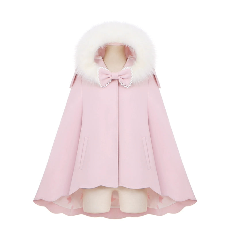 Sweet Lolita Winter Coat Woolen Coat Petal Hem Hooded Cape (Pink) 40652:672168