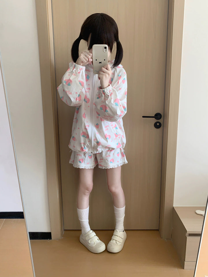 Kawaii Bunny Ears Jacket Set With Strawberry Bunny Prints 42900:760358