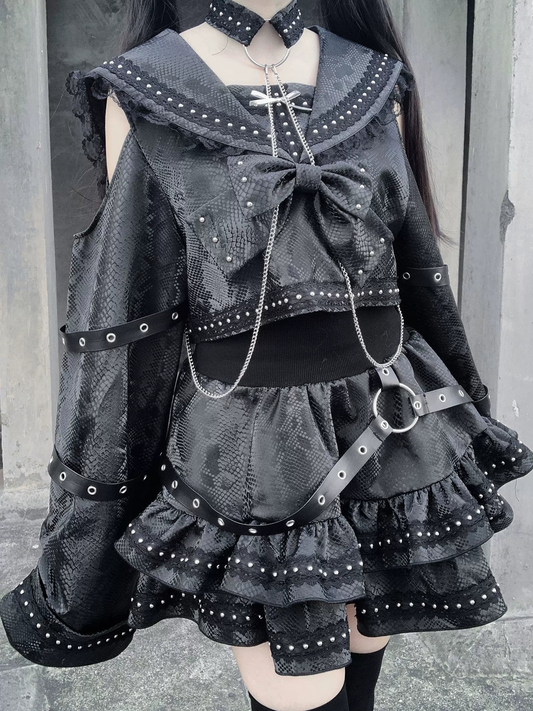 Subculture Black Top & Skirt Set, Snakeskin-Like Style 44771:827686