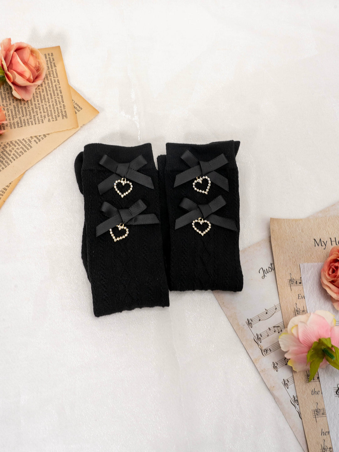 Kawaii Heart Bow Thigh High Socks Multicolor (Black) 21556:309428