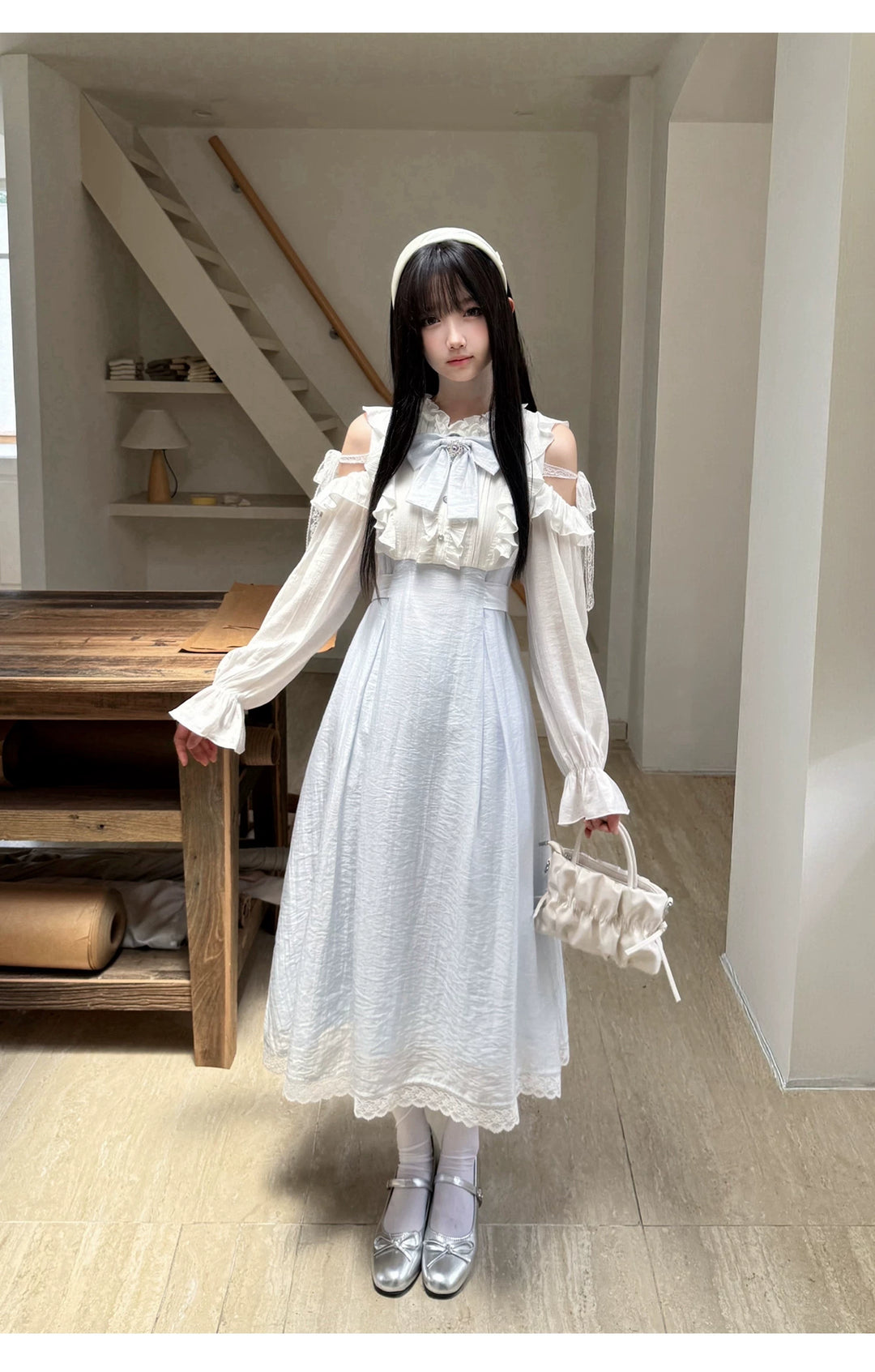 Seiso Kei Open Shoulder Dress, Blue & White Color Spliced 45752:861374