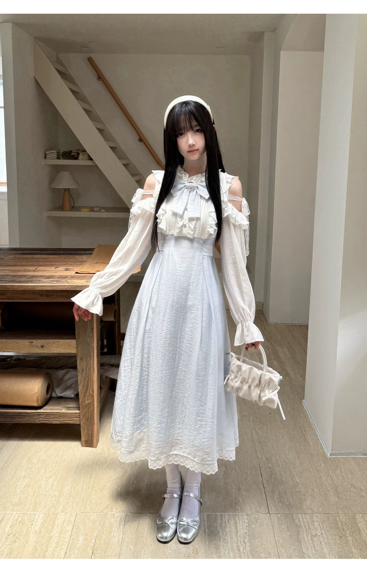 Seiso Kei Open Shoulder Dress, Blue & White Color Spliced 45752:861374