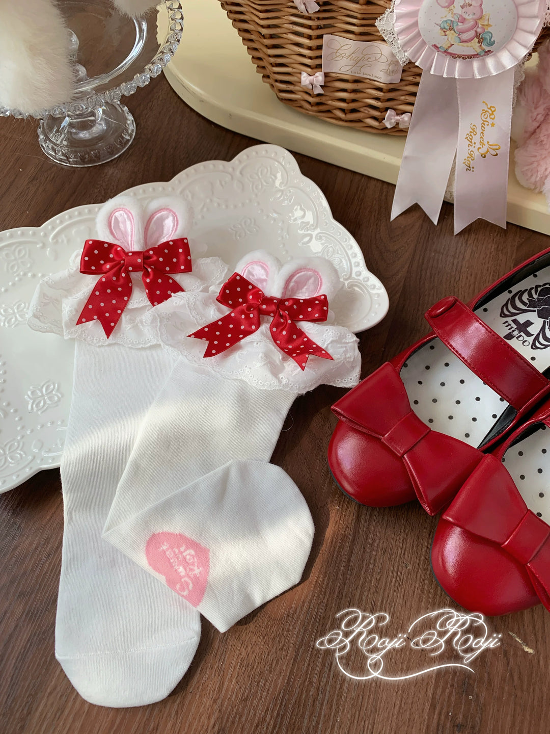 Sweet Lolita Mid-Calf Cotton Socks, Bunny Ears, Polka Dots 44712:819609