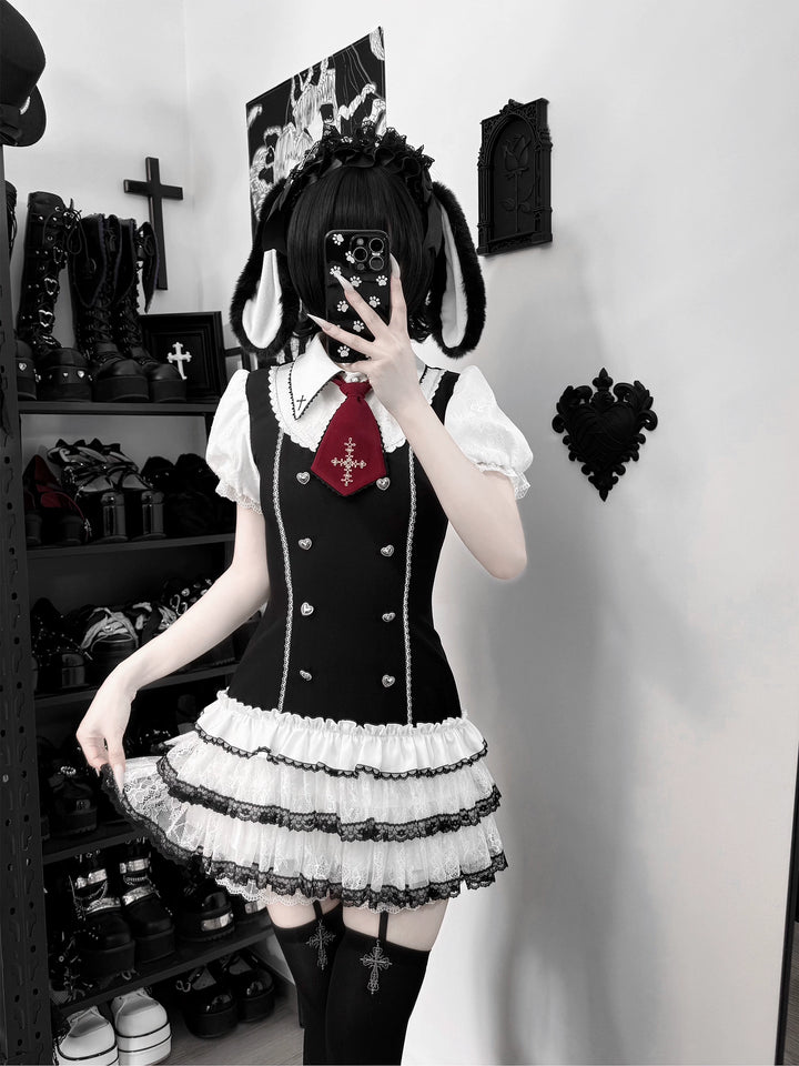 Preppy Style Low-Waist Dress Set, Cross Details 44746:823829