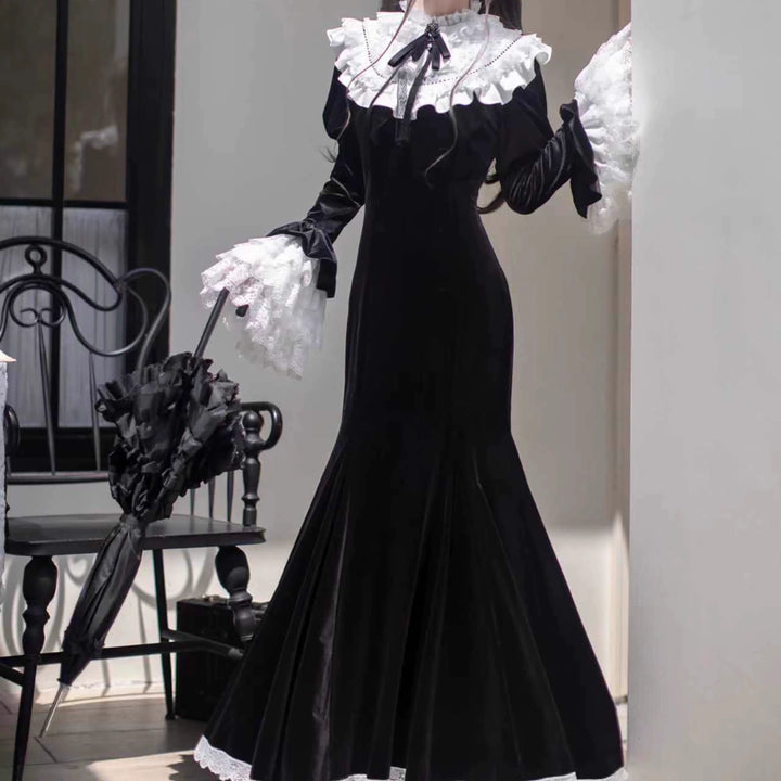 Gothic Mermaid Dress, Tiered Flared Cuffs (L M S XL) 44122:797060