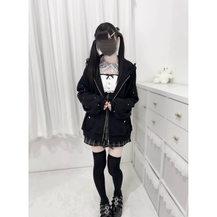 Plus Size Jirai Kei Coat Hooded Jacket With Bow And Pearl 39878:638242