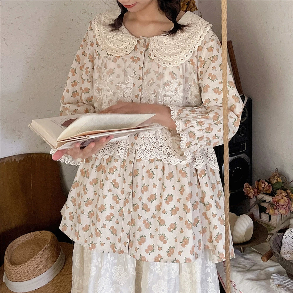 Mori Kei Blouse Floral Cotton Linen Shirt With Lace (F) 36222:524800