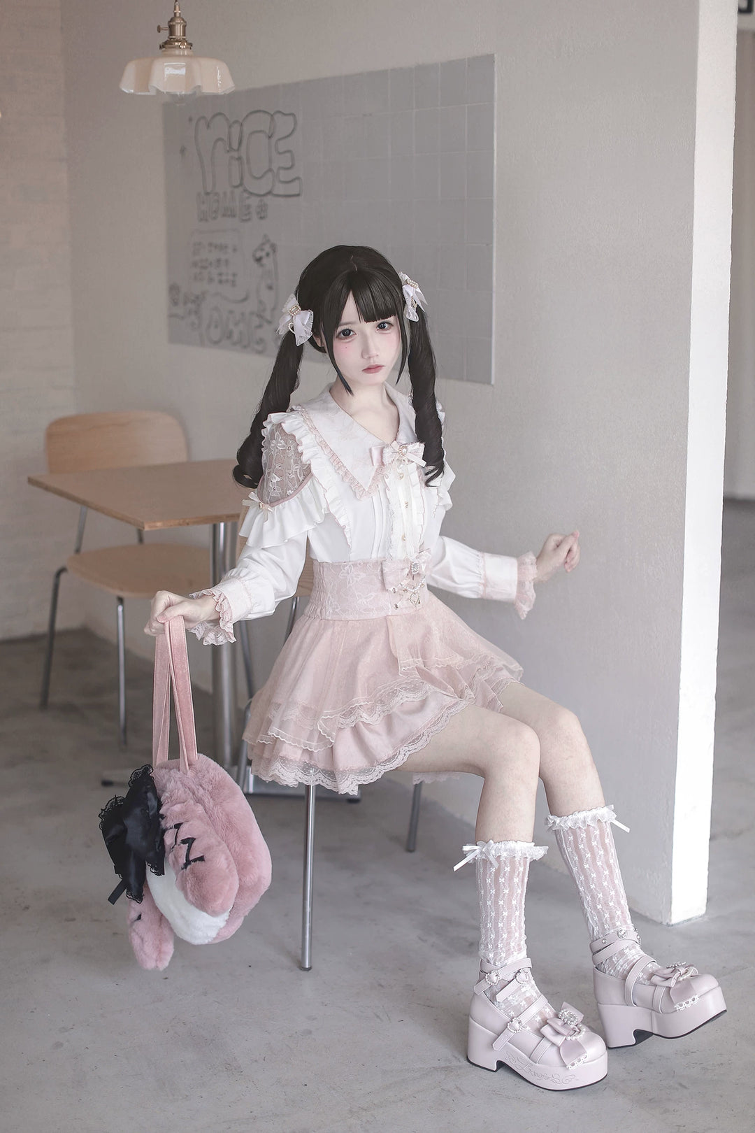 Jirai Kei Long Sleeve Blouse, Lace Open-Shoulder 44588:815021