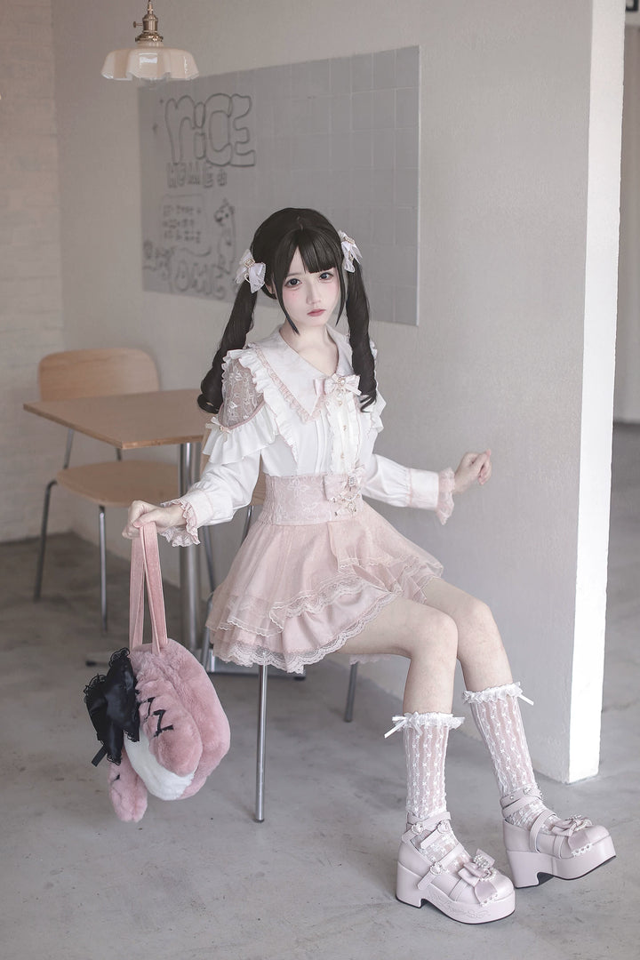 Jirai Kei Long Sleeve Blouse, Lace Open-Shoulder 44588:815021