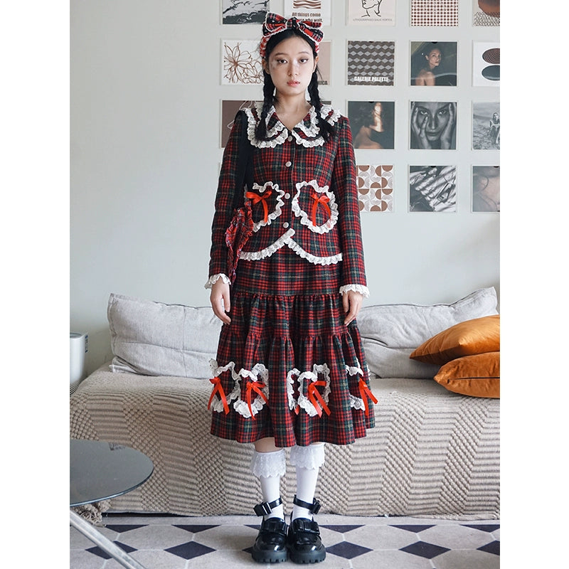 Retro Lolita Skirt Showa Christmas Winter Red Plaid Skirt 40316:662944