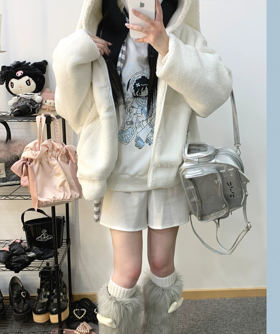 Jirai Kei Coat Zipper Bunny Ears Lamb Fleece Coat 31862:371844