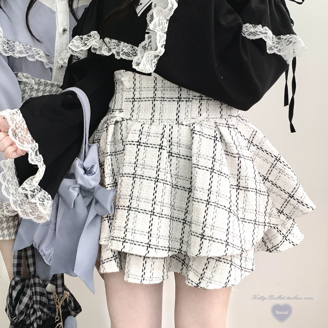 Jirai Kei Skirt Double-layer Skirt Black White Check Skirt 40018:651192