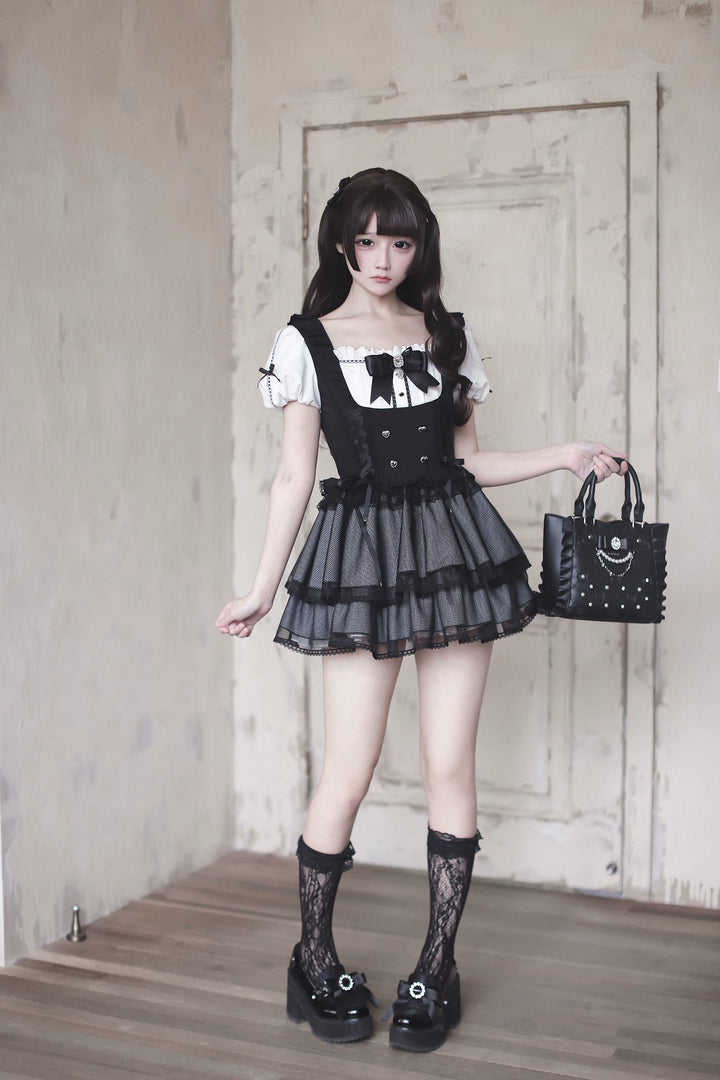 Jirai Kei Puff Sleeve Dress, Layered Tulle Hem 45340:847380