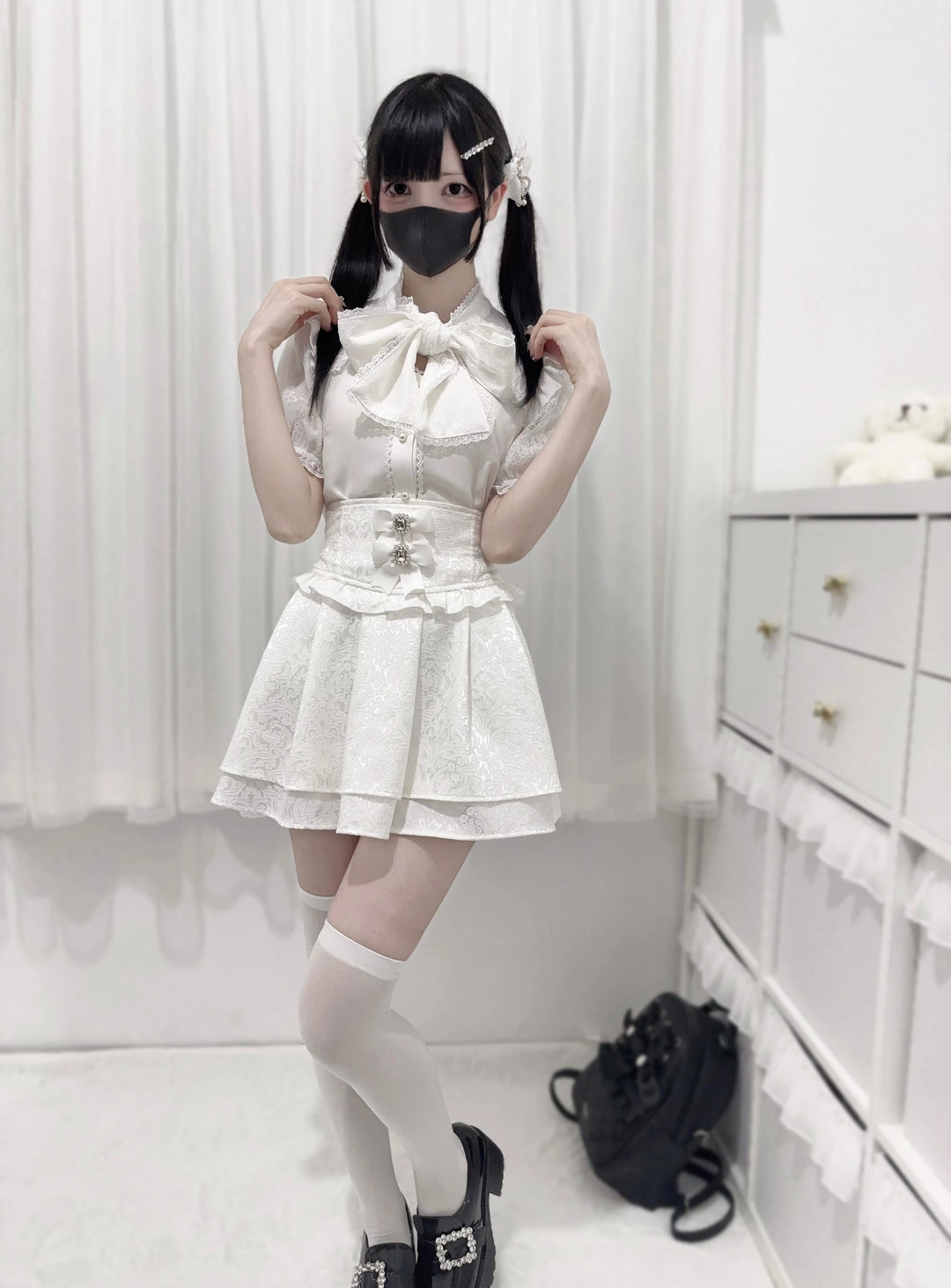 Jirai Kei Blouse Lace Bow Tie Lace Short Sleeve Shirt (L M) 38740:600490