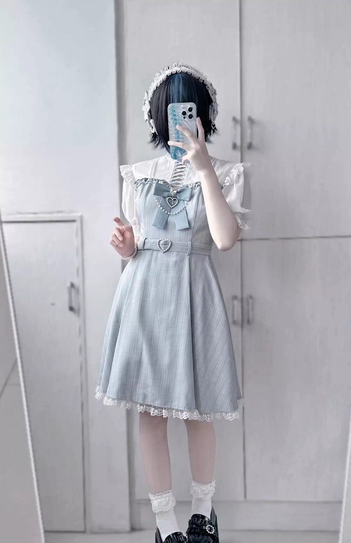 Jirai Kei Dress Short Sleeves Lace-Up Dress With Bow Tie (L M S) 41036:685882